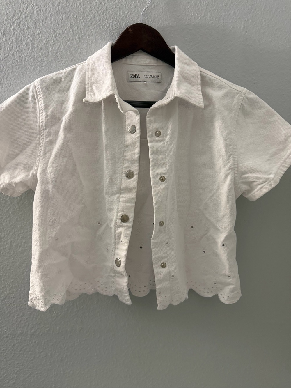 Zara White Short-Sleeve Eyelet Button-Down Shirt